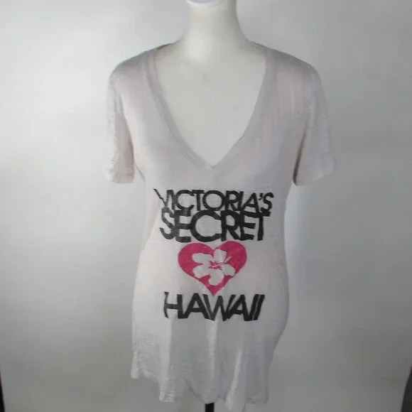 Victoria's Secret Hawaii Women's White V-neck Glitter Hibiscus T-Shirt Large - Picture 1 of 5